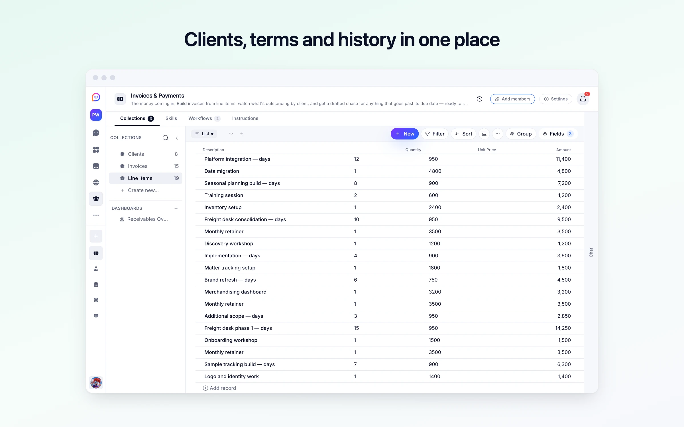 Clients, terms and history in one place