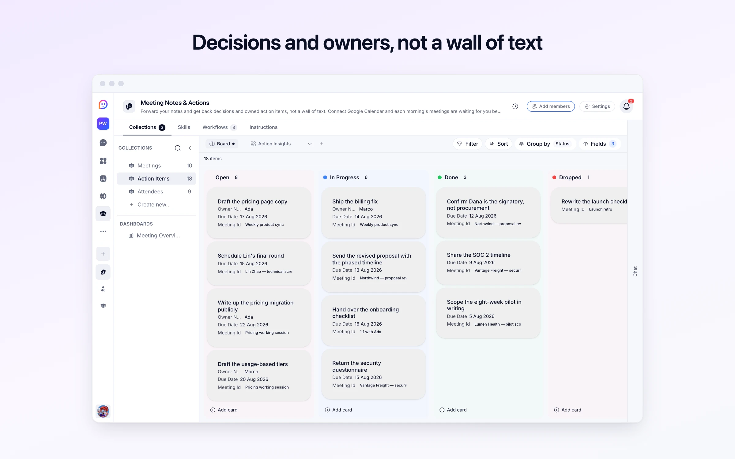 Decisions and owners, not a wall of text
