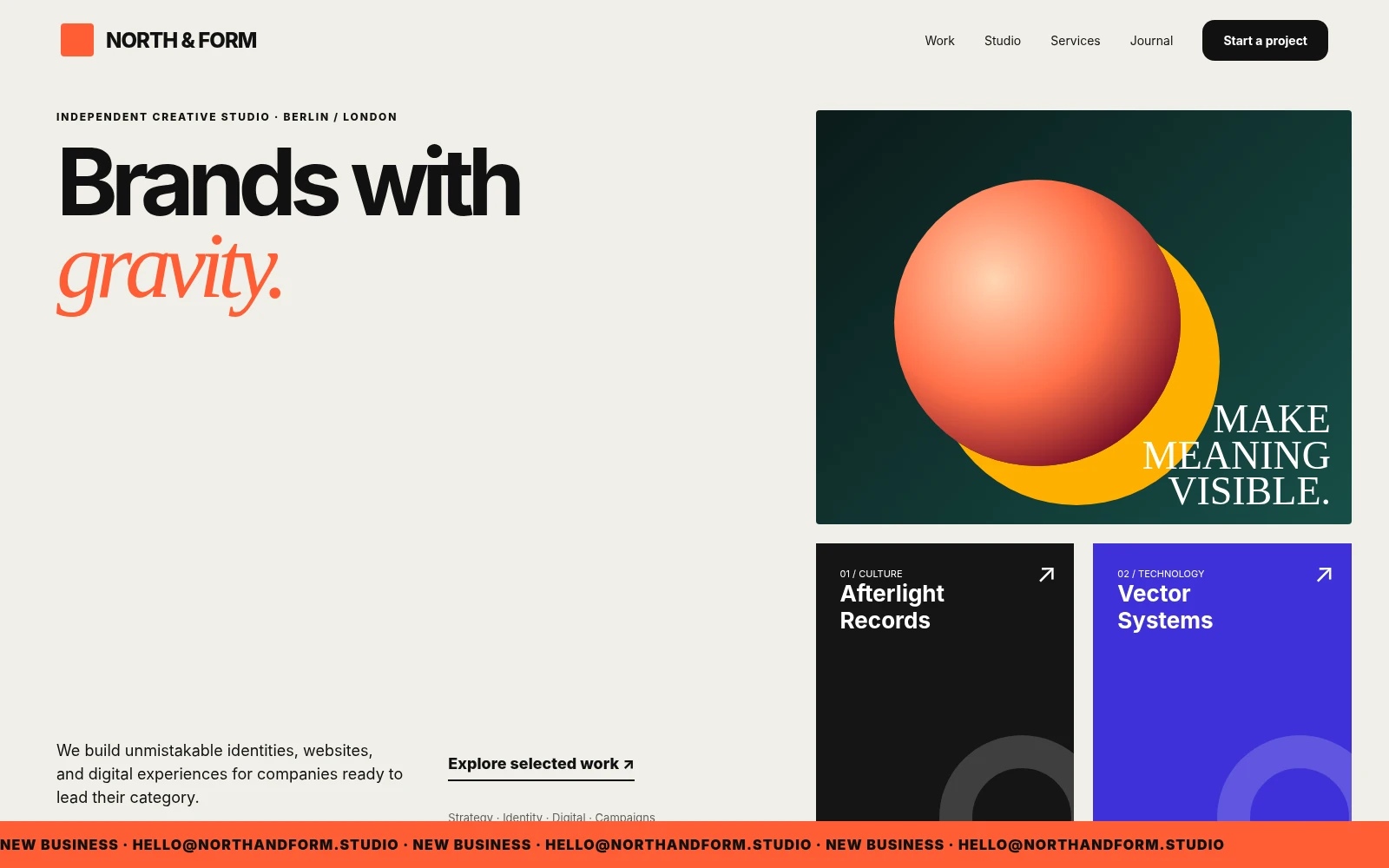 A creative agency site with large editorial type and a project grid.