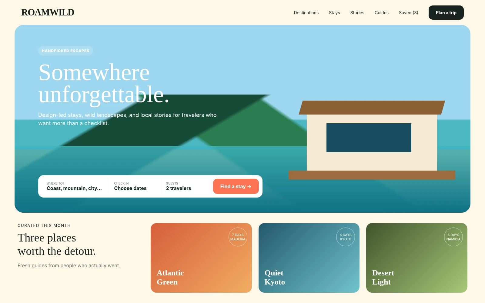 A travel booking flow with destination search, dates and trip cards.