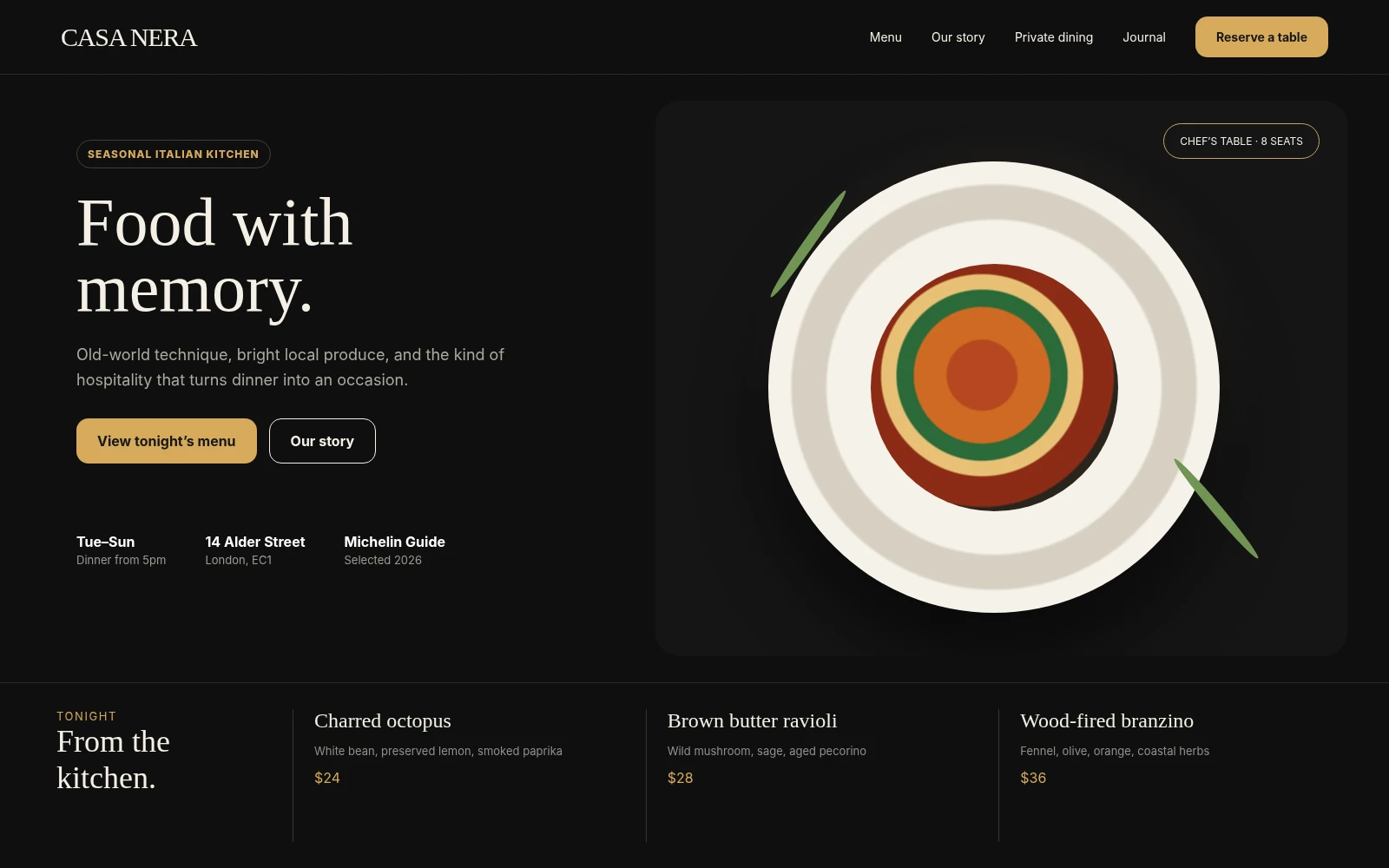 A restaurant site with the menu, opening hours and a reservation form.