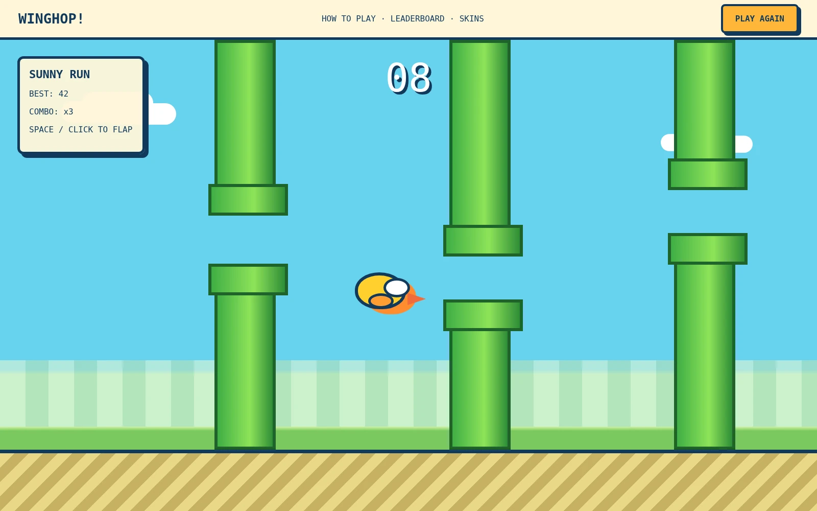 A side-scrolling browser game with score, lives and a restart control.