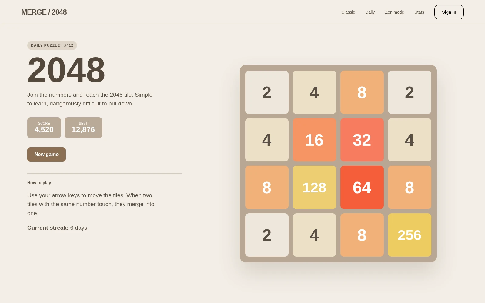 A 2048-style tile puzzle with a score counter and undo.