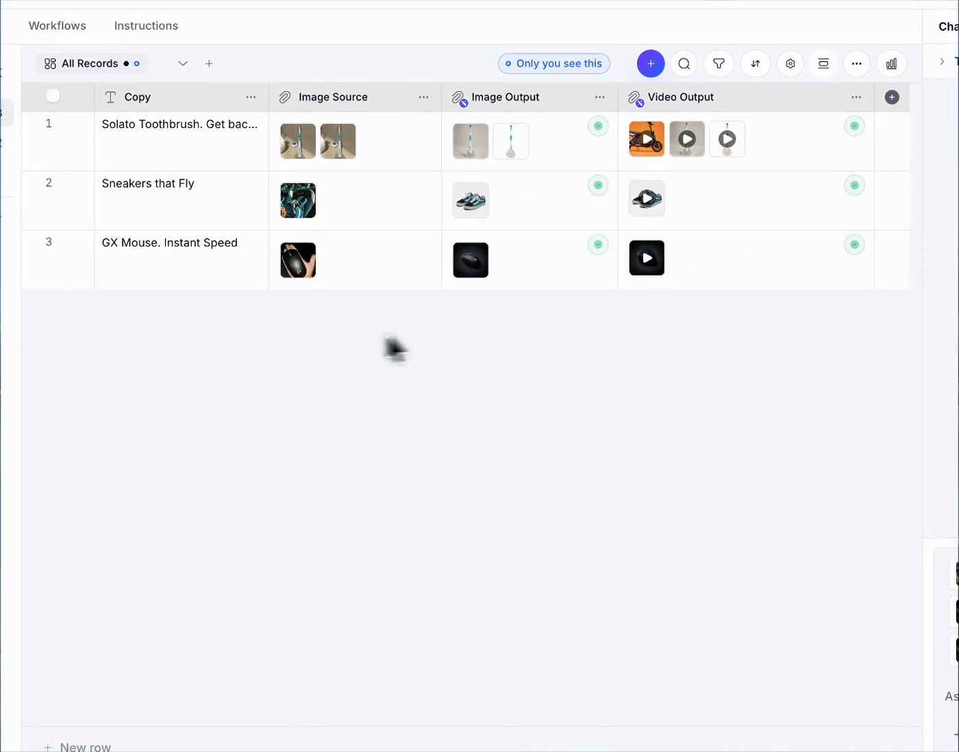 A collection table where an image column and a video column fill themselves in for each product row.