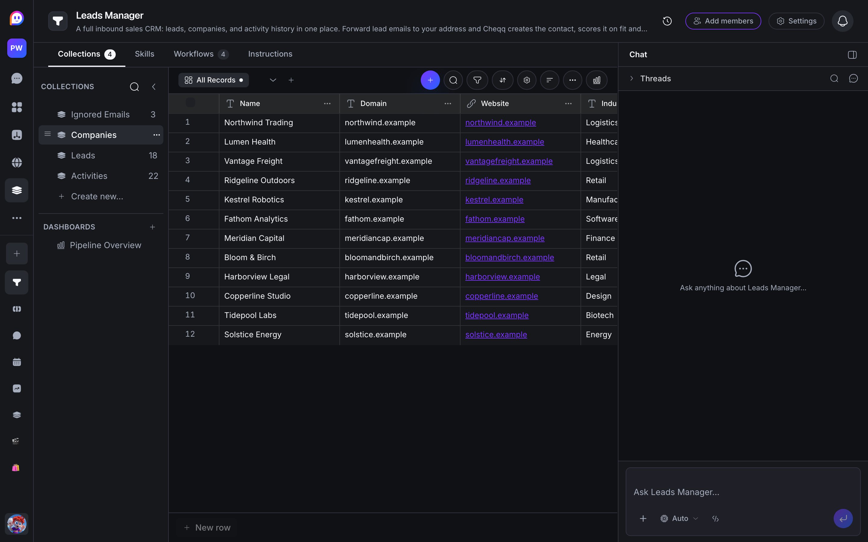 A collection open in table view — typed columns, colored selects, and a dozen company records filled in.