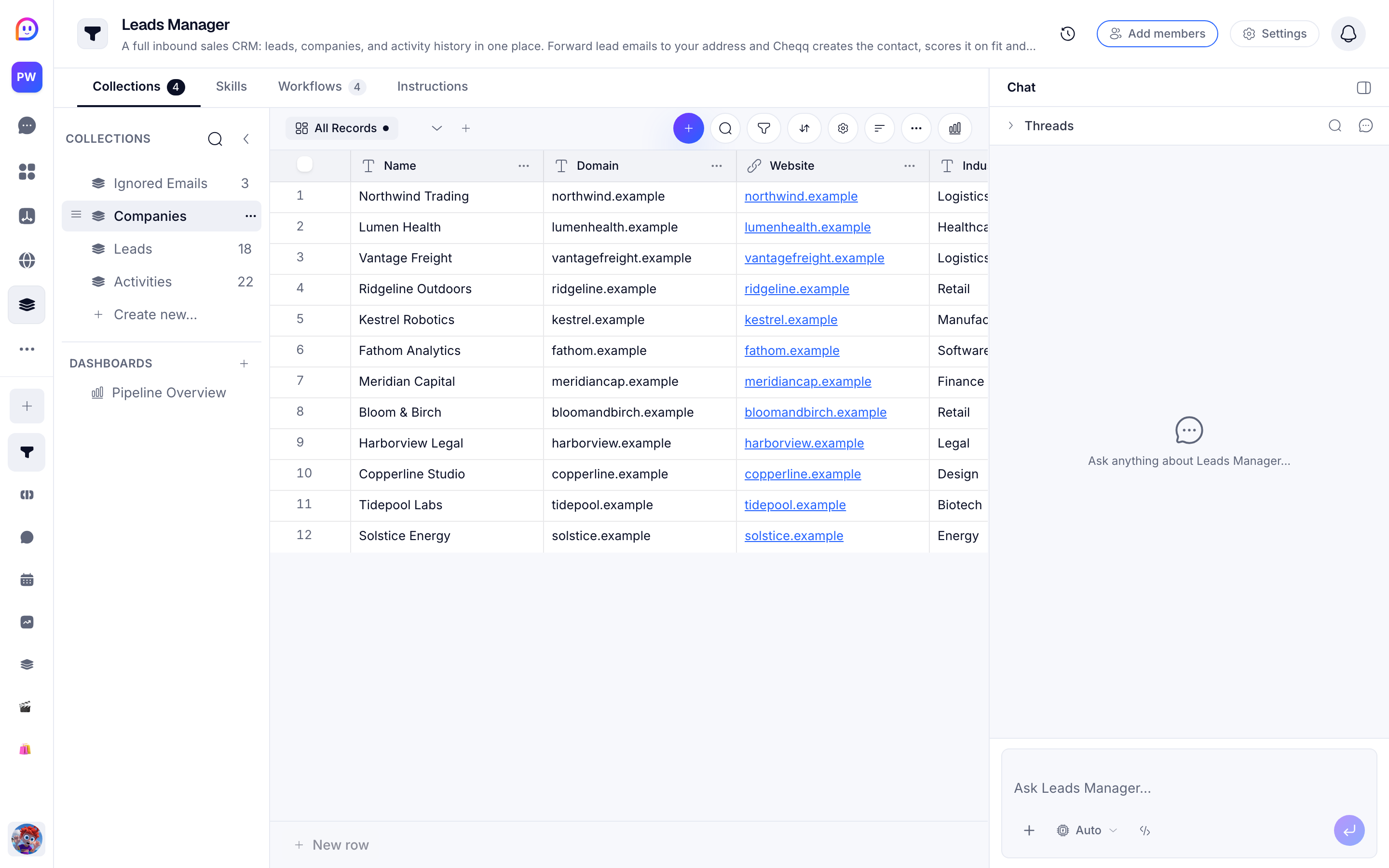 A collection open in table view — typed columns, colored selects, and a dozen company records filled in.