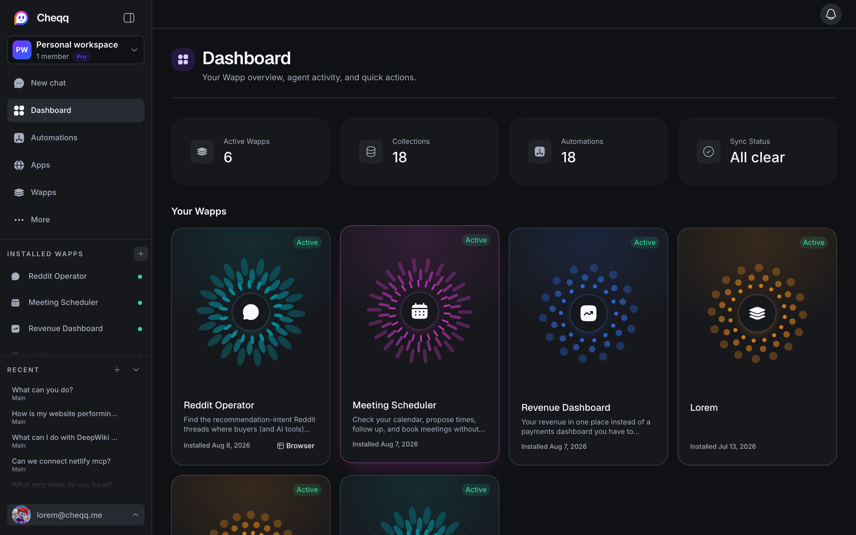 A Cheqq workspace dashboard showing active Wapps, collection and automation counts, and sync status.