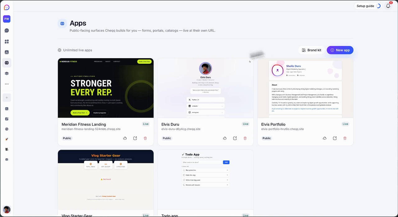 A landing page being generated from a request in chat, then appearing in the Apps list live at its own address alongside other published apps.