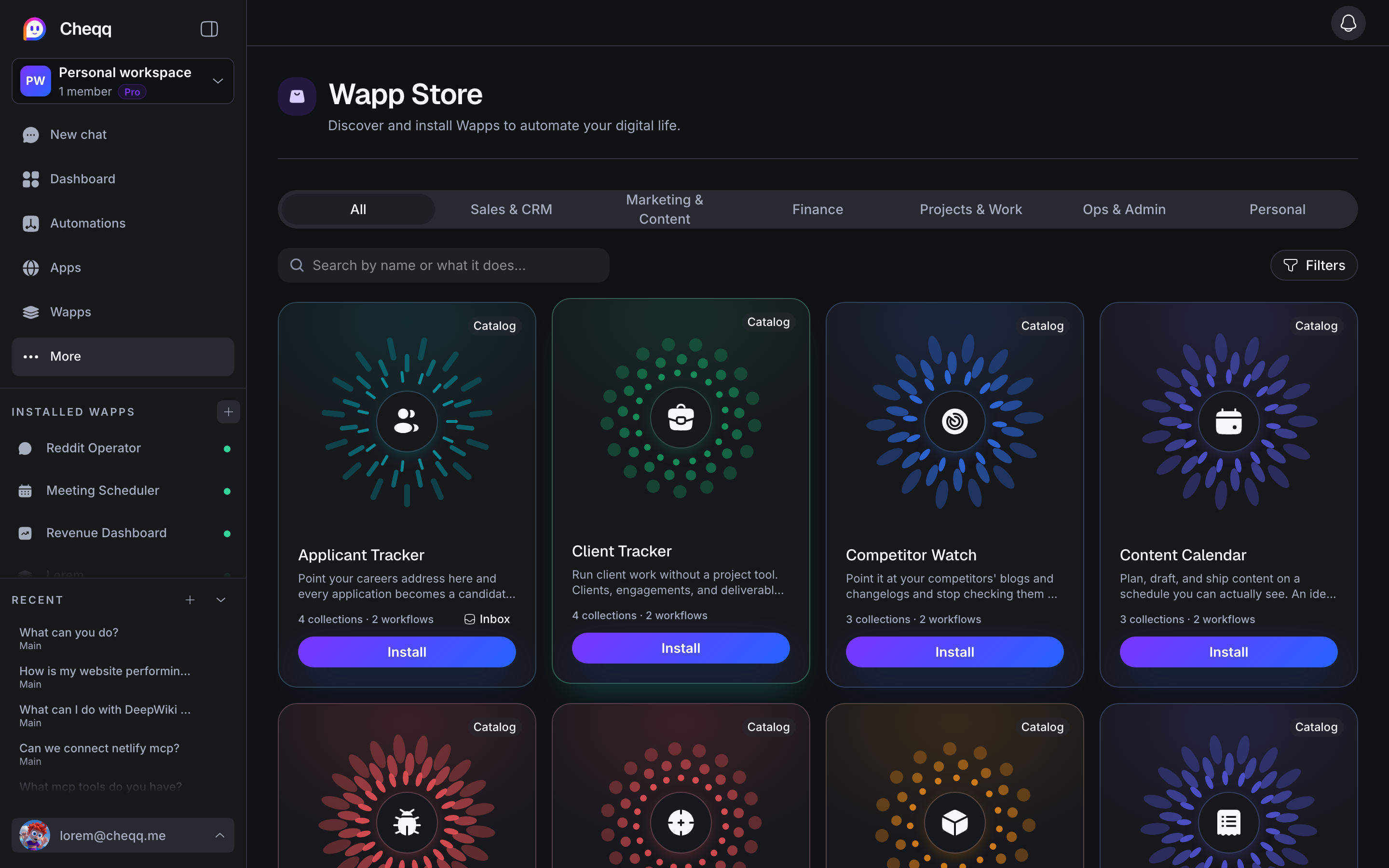 The Wapp store, listing ready-to-install Wapps with the collections and workflows each one ships with.
