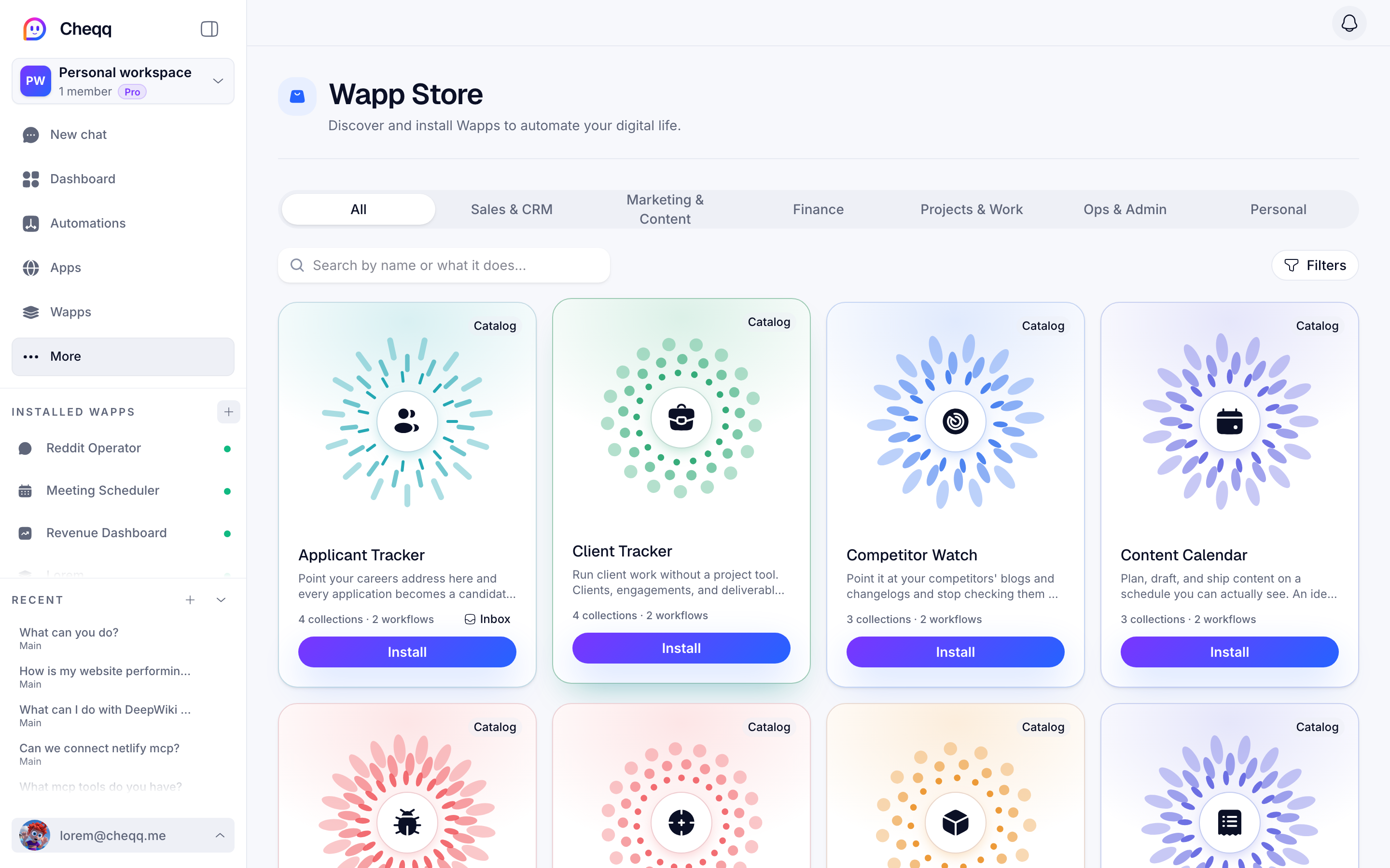 The Wapp store, listing ready-to-install Wapps with the collections and workflows each one ships with.